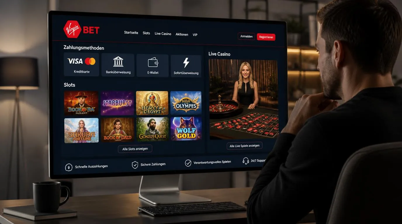Casino-Oberfläche mit Zahlungsoptionen, Slot-Auswahl und Live-Casino-Bereich für deutsche Nutzer