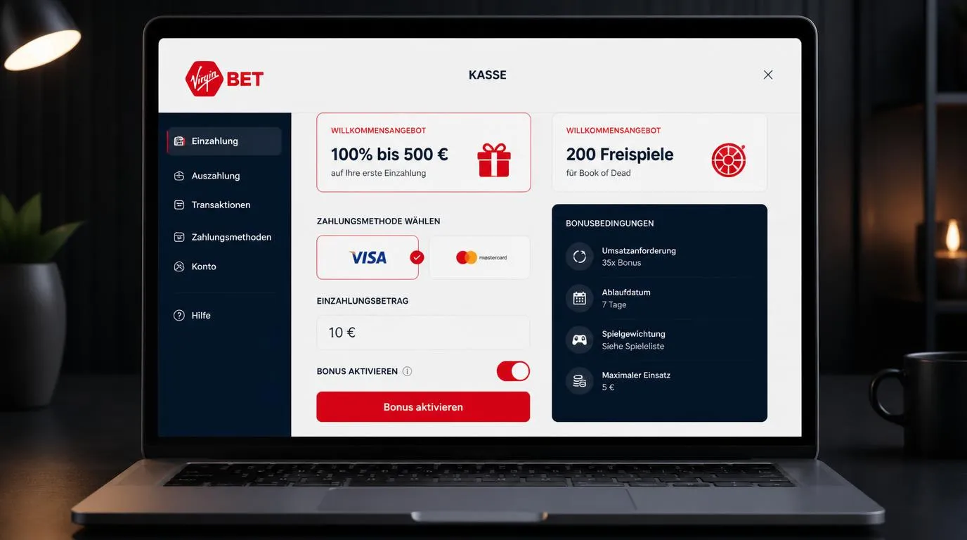 Casino-Kassenbereich mit Einzahlungsbonus, VISA und Mastercard sowie aktivierbaren Freispielen