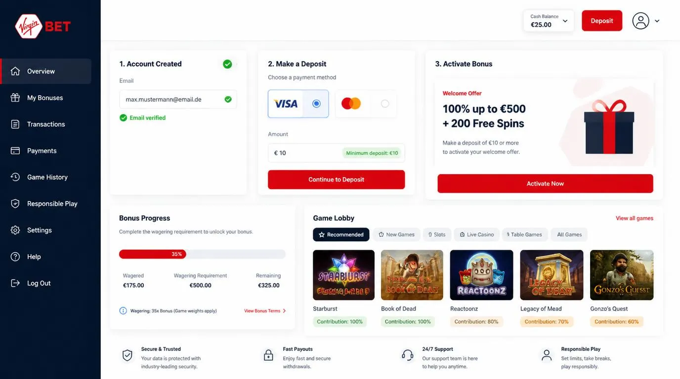 Bonusaktivierung im Online-Casino mit Registrierung, VISA-Zahlung und Fortschrittsanzeige