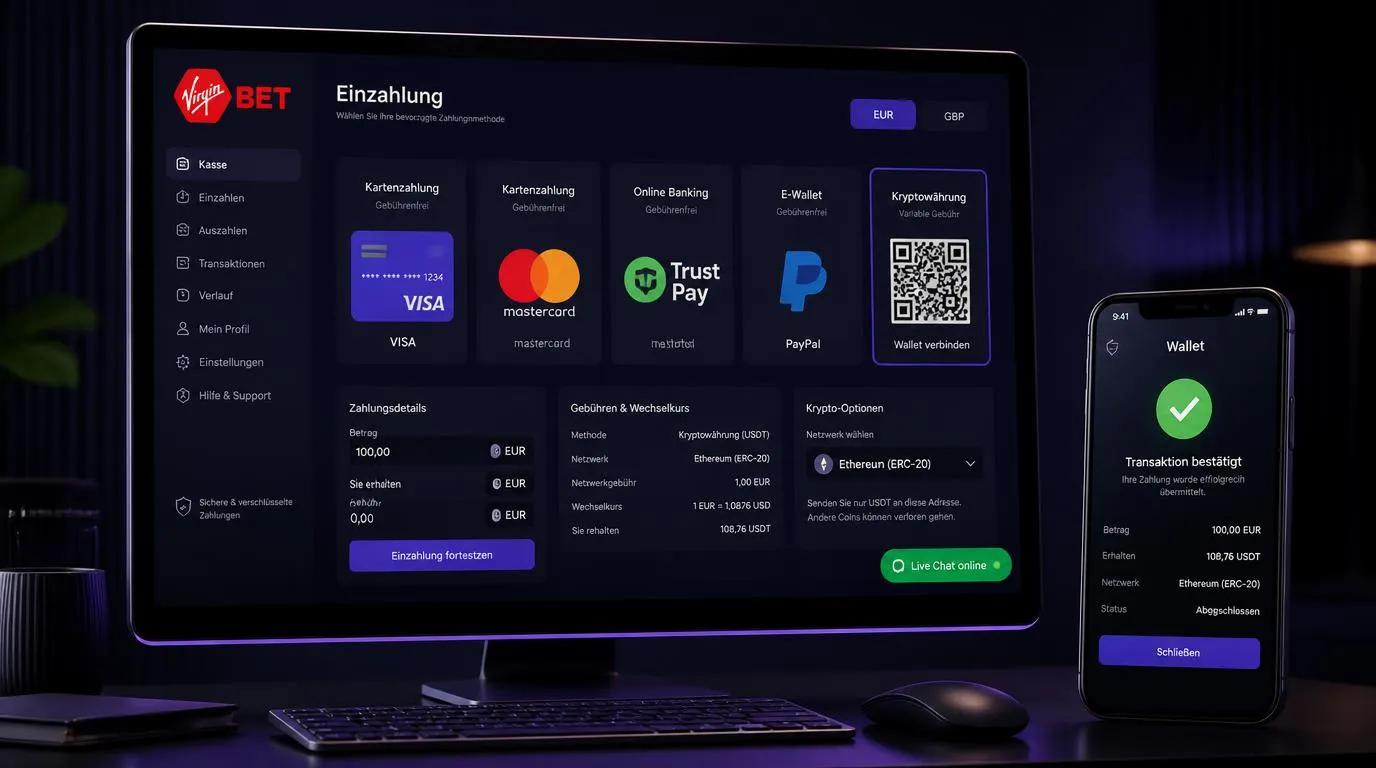 Konto-Kasse mit Kryptowährungsoption, VISA, Mastercard, PayPal und Trustly Pay für Einzahlungen