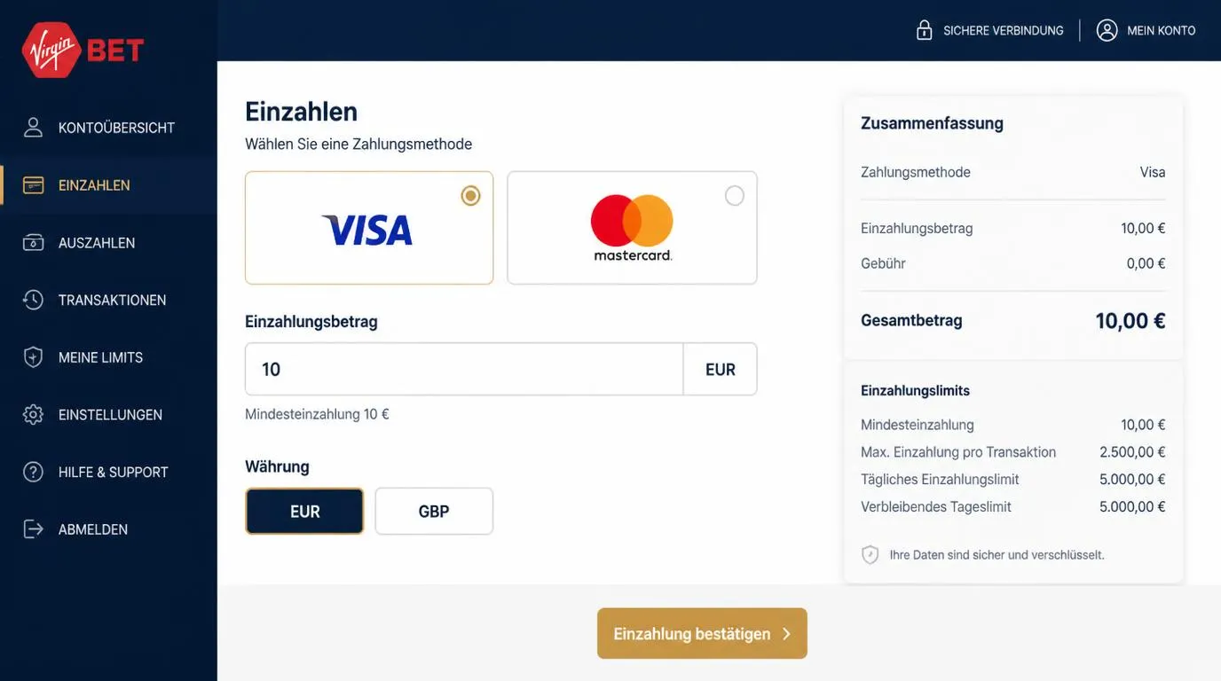 Kassenansicht mit VISA und Mastercard sowie Einzahlungslimit ab 10 Euro