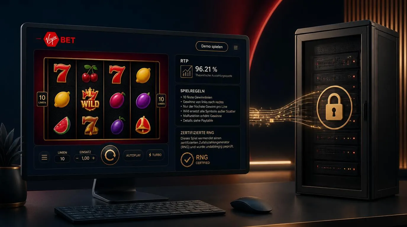 Online-Casino-Oberfläche mit Slot-Spiel, RNG-Prüfsiegel und geschützter Datenverbindung