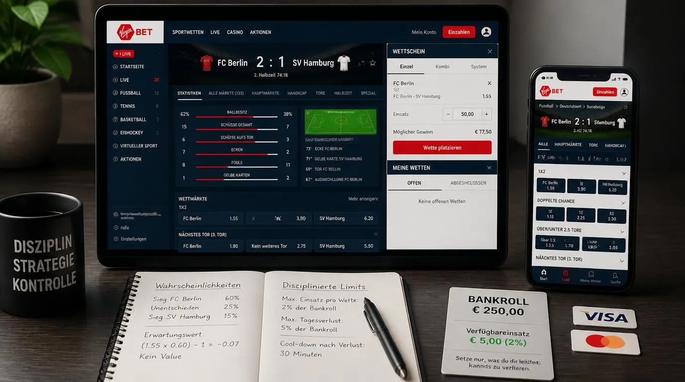 Sportwetten-Bildschirm mit Quotenvergleich, Live-Spielstatistiken und festem Einsatzbudget