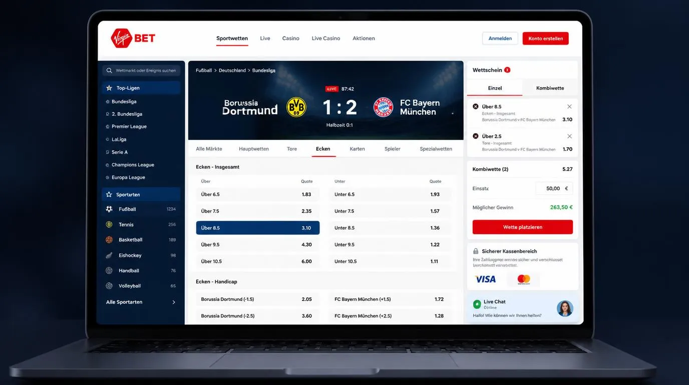 Sportwetten-Oberfläche mit Fußballmarkt, Live-Quoten, Wettschein und Zahlungsoptionen