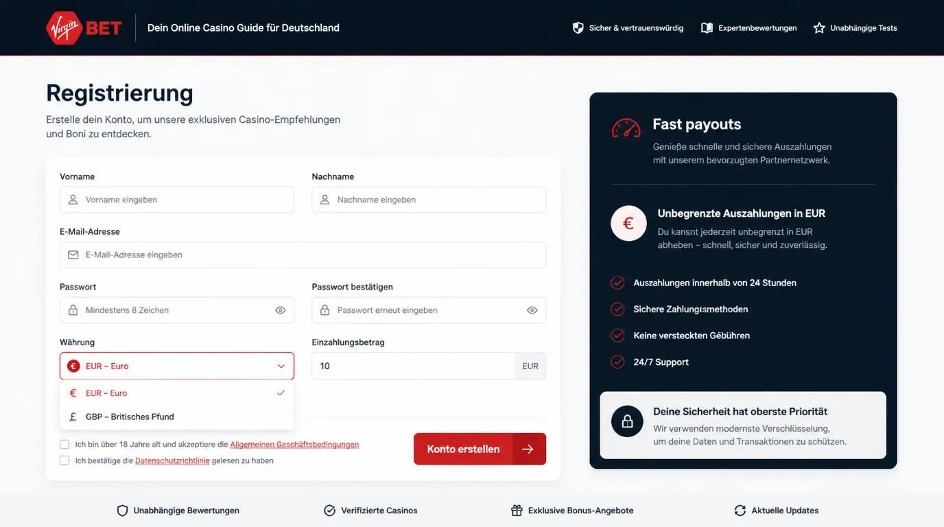 Registrierungsmaske mit Auswahl für EUR oder GBP, Mindesteinzahlung von 10 Euro und Auszahlungsbereich