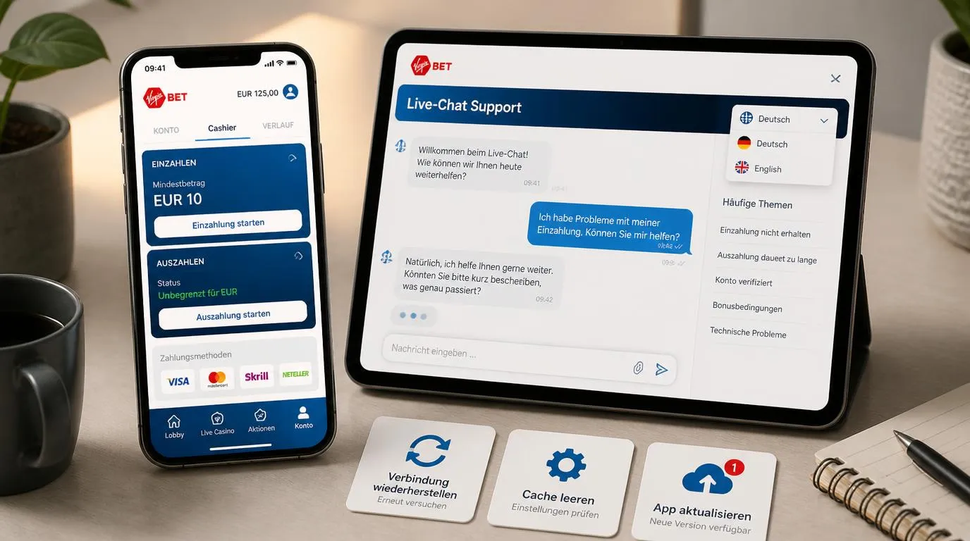 Smartphone mit Casino-App, Verbindungsanzeige, Kassenbereich und geöffnetem Live-Chat auf Deutsch