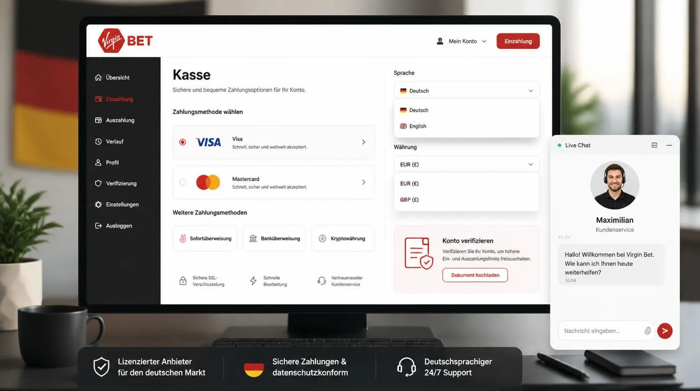 Deutsche Casino-Kasse mit EUR- und GBP-Auswahl, VISA und Mastercard sowie geöffnetem Live Chat