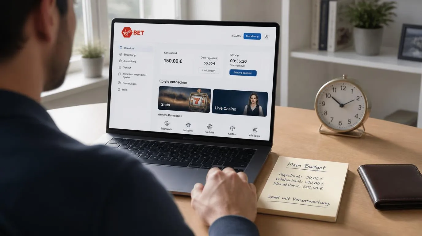 Spieler prüft auf einem Laptop sein Casino-Budget neben Notizbuch und Uhr