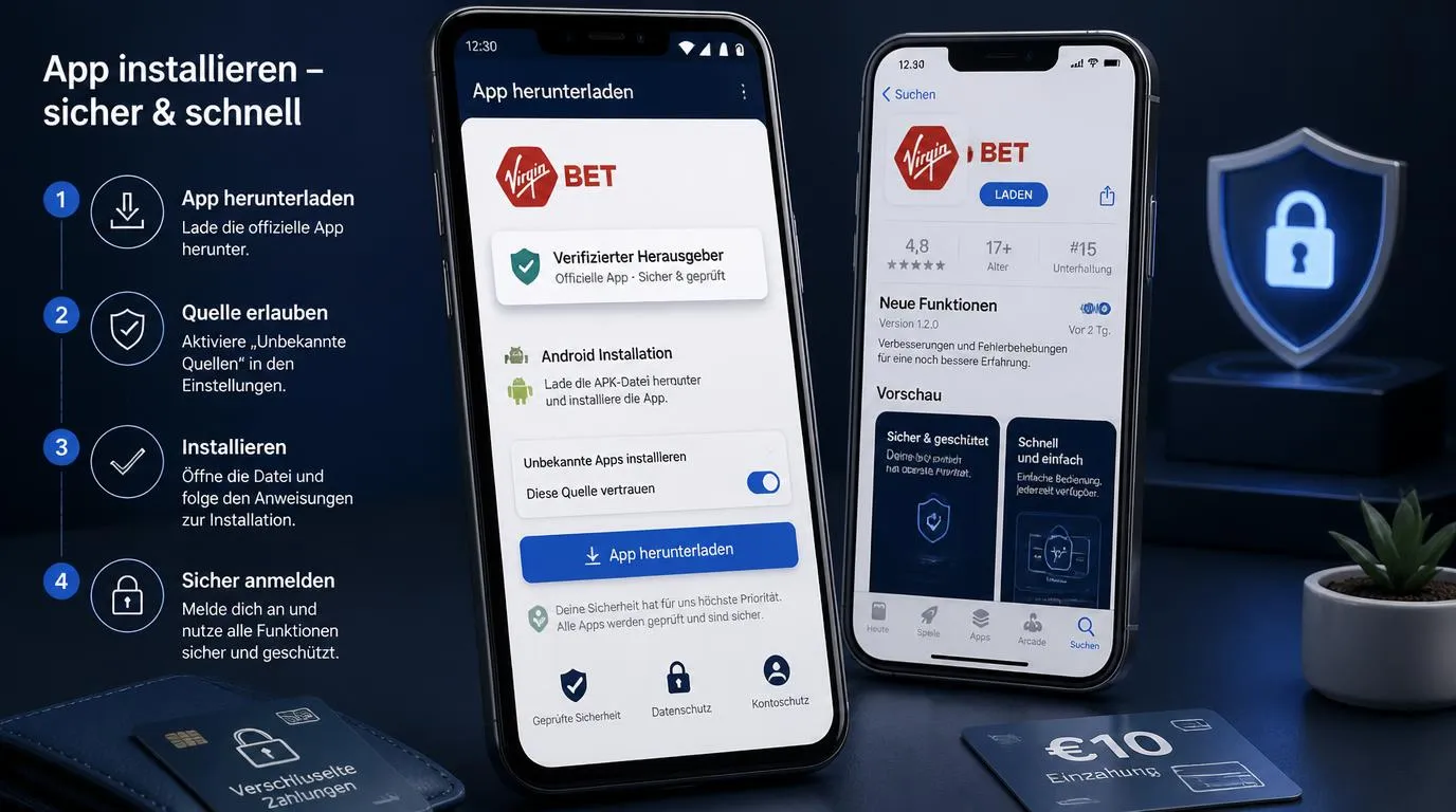 Smartphone mit offizieller App-Downloadseite, Sicherheitsprüfung und aktivem Displayschutz