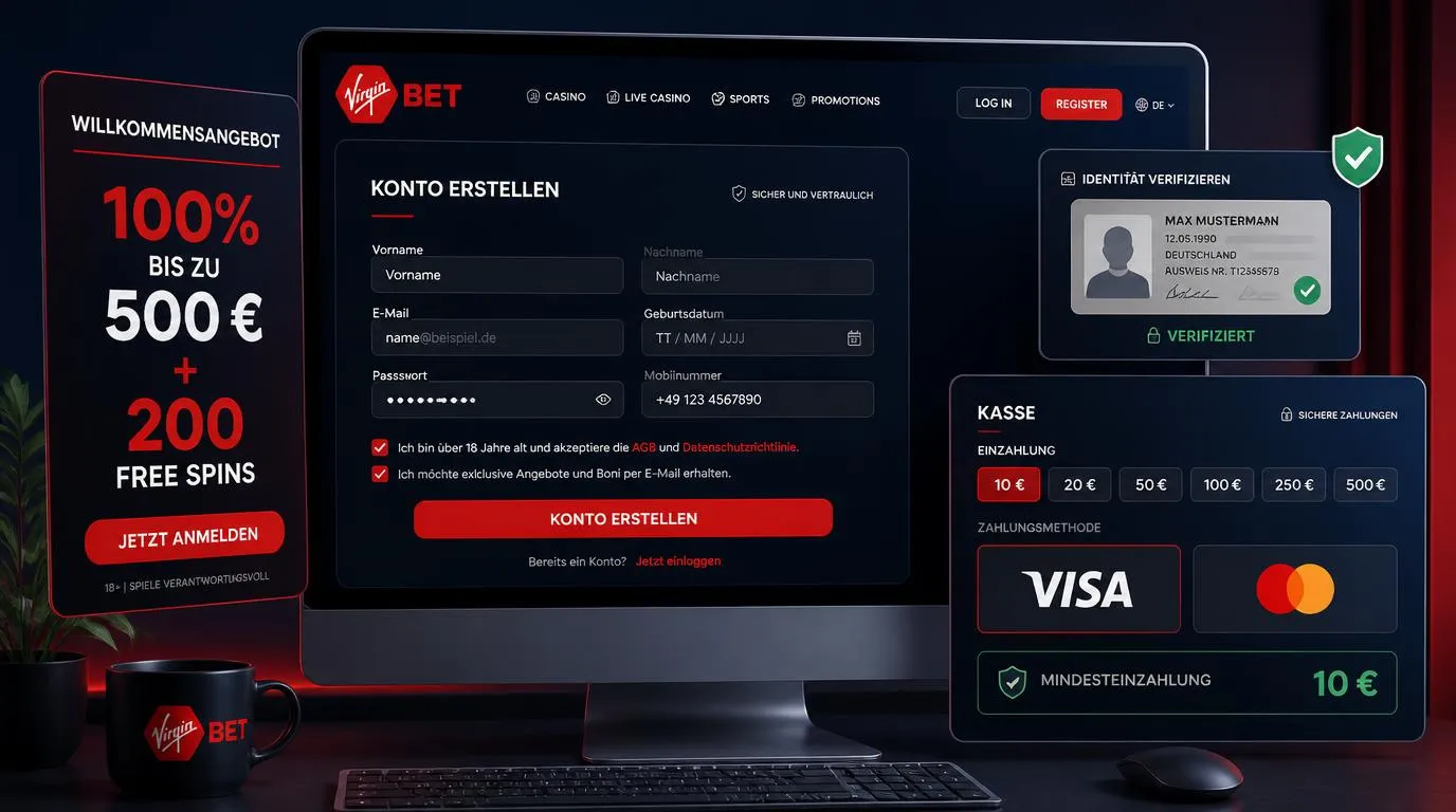 Casino-Registrierung mit Ausweisprüfung und Auswahl von VISA oder Mastercard für die erste Einzahlung