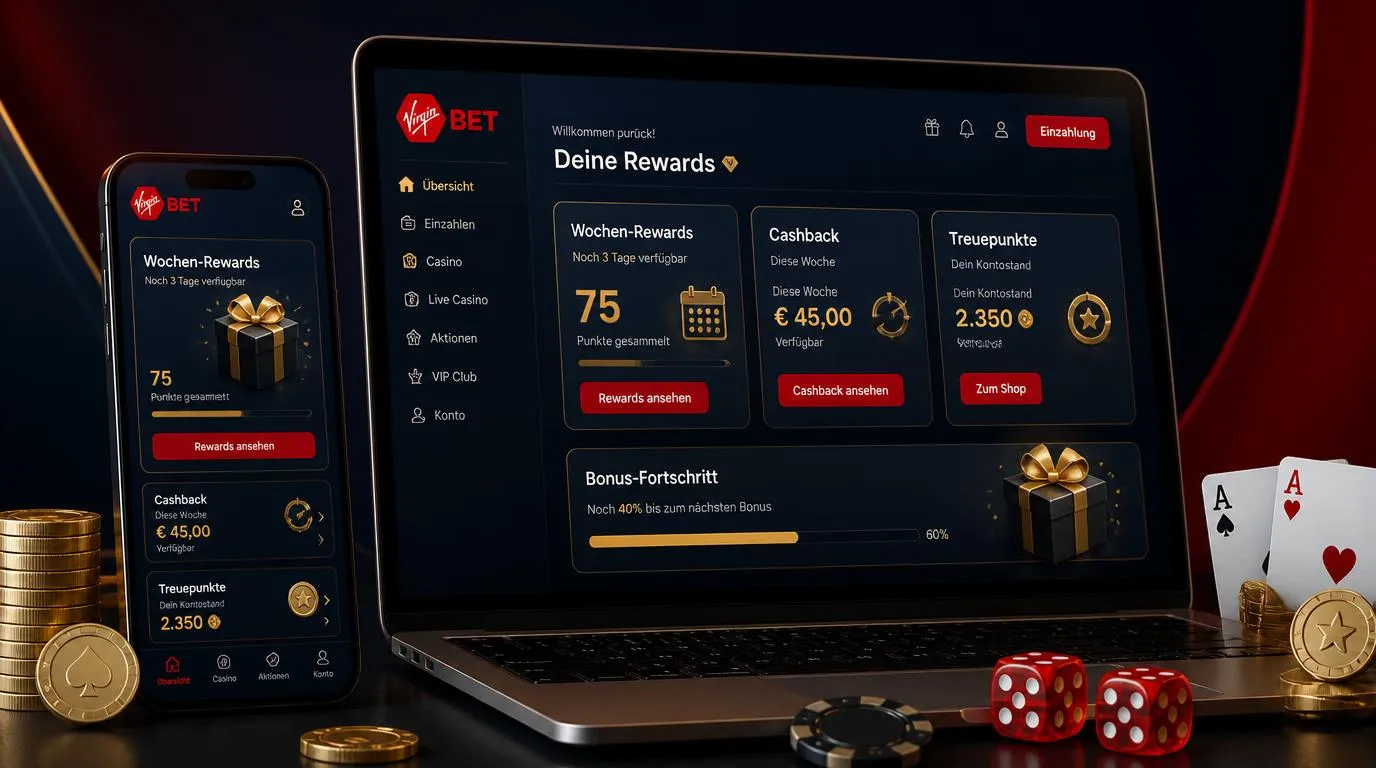 Casino-App mit Bonusübersicht, Wochenaktionen, Cashback-Kachel und Treuepunkten